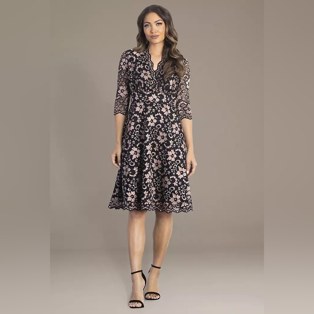 Kiyonna Black Lace Midi Dress with Blush Floral Underlay